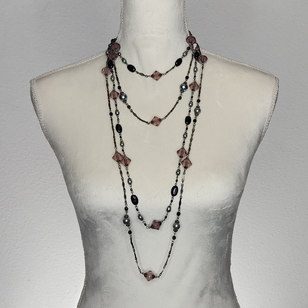 Layered necklace with clear crystal & silver pearls